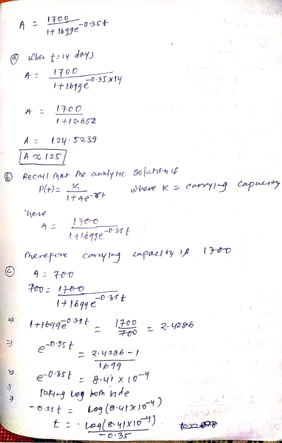 A - 1700 It logge -0.35t @ when t= 14 days Az 1700_ It logge 0.35x14 A : 1700 1+121652 A = 124.5239 (A x 125] Recall mat the