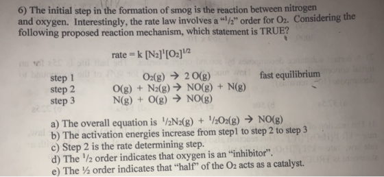 6) The initial step in the formation of smog is the reaction between nitrogen and oxygen. Interestingly, the rate law involve