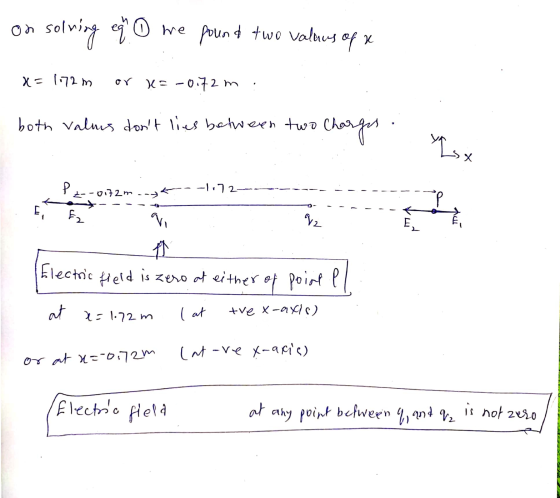 on solving eq o me we found two values of a x= 1.72 m or V=-0.72m both values dont lies between two charges YLsx P2--0172m.a