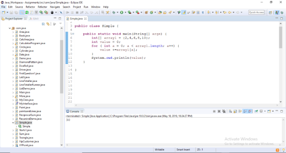 Java workspace-Assignments/src/com/java/Simple.java-Eclipse DE File Edit Source Refactor Refactr Navigate Search Project Run