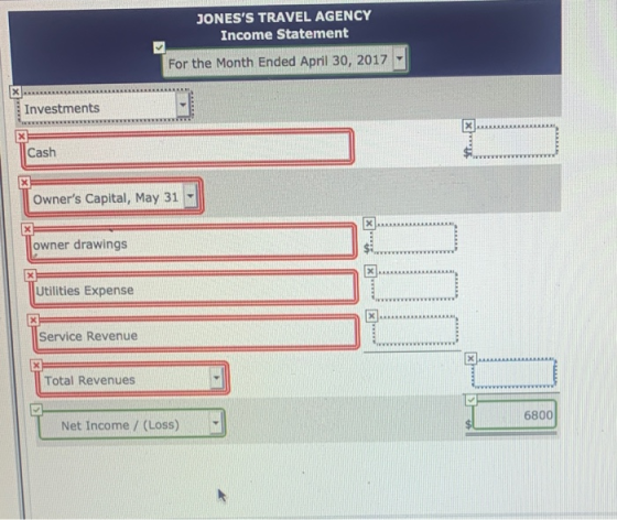 JONESS TRAVEL AGENCY Income Statement For the Month Ended April 30, 2017 Investments Cash Owners Capital, May 31 M owner dr