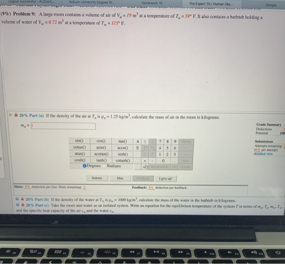 Logout successful - Authent... Auburn University Degree W... Homework 10 The Expert TA Human-like.. Google LE (9%) Problem 9: