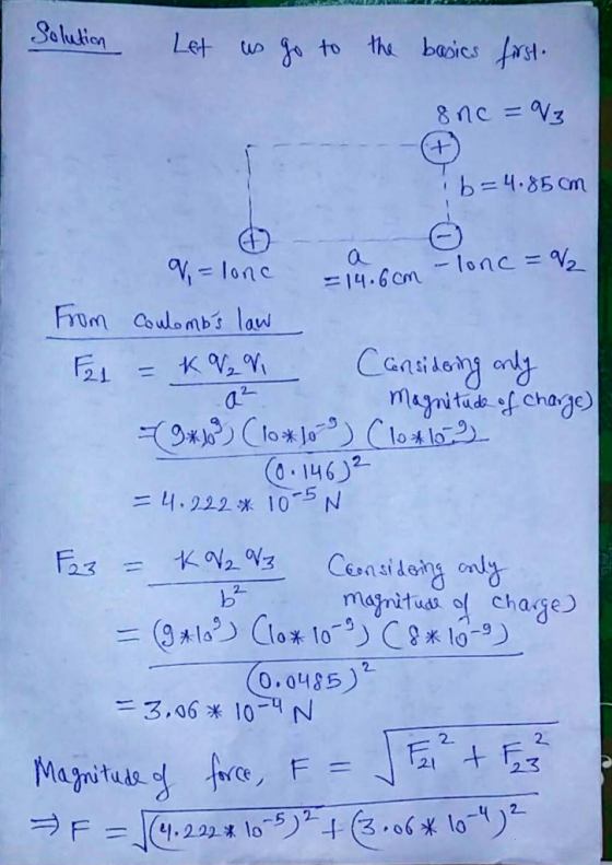 Salution , b=4.85cm Frum Cowlombs law a 2 maitub of chage ニ4.222 10-5 N manitu ochae 0.0485) 23