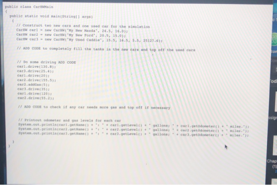 public class CarHwMain public static void main(String args 1/ Construct two new cars and one used car for the simulation Cari