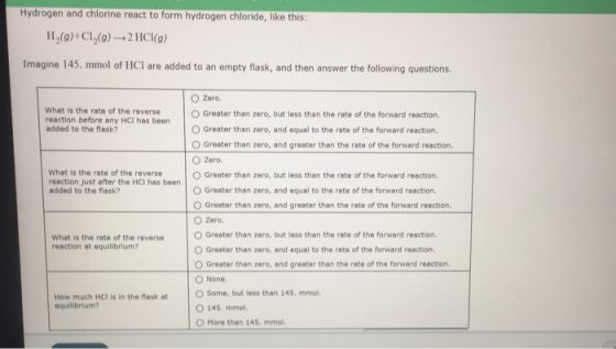 Hydrogen and chlorine react to form hydrogen chloride, like this: H (9)+C1 (9) 2 HCl(9) Imagine 145 mmol of HCl are added to