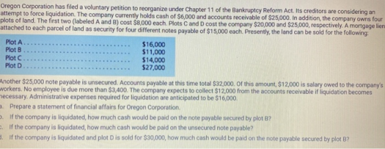 Oregon Corporation has filed a voluntary petition to reorganize under Chapter 11 of the Bankruptcy Reform Act. Its creditors