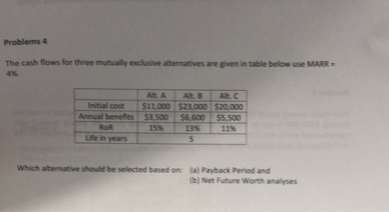Problems 4 The cash flows for three mutually exclusive alternatives are given in table below use MARR = 4% Initial cost Annua