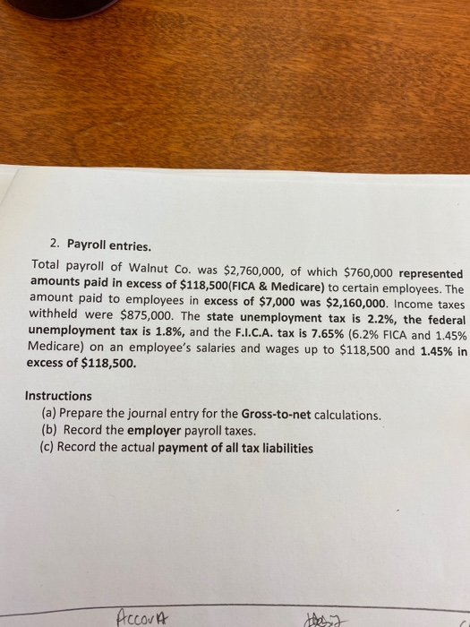 2. Payroll entries. Total payroll of Walnut Co. was $2,760,000, of which $760,000 represented amounts paid in excess of $118,