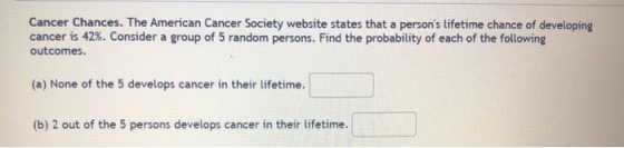 Cancer Chances. The American Cancer Society website states that a persons lifetime chance of developing cancer is 42%. Consi