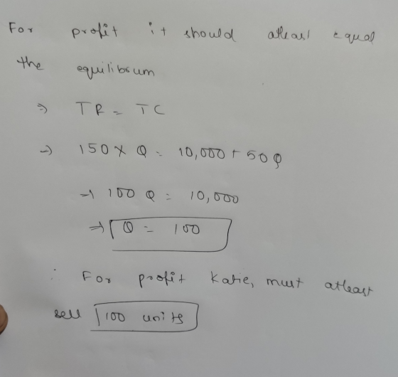 for profit it should atleast equal equilibrum - TR - TC -) 150 X Q - 10,000 + 500 1 100 Q - 10,000 +10=1007 : for profit Kati