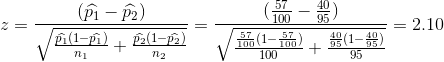 z=\frac{(\widehat{p_{1}}-\widehat{p_{2}})}{\sqrt{\frac{\widehat{p_{1}}(1-\widehat{p_{1}})}{n_{1}}+\frac{\widehat{p_{2}}(1-\widehat{p_{2}})}{n_{2}}}} =\frac{(\frac{57}{100}-\frac{40}{95})}{\sqrt{\frac{\frac{57}{100}(1-\frac{57}{100 })}{100}+\frac{\frac{40}{95}(1-\frac{40}{95})}{95}}} =2.10