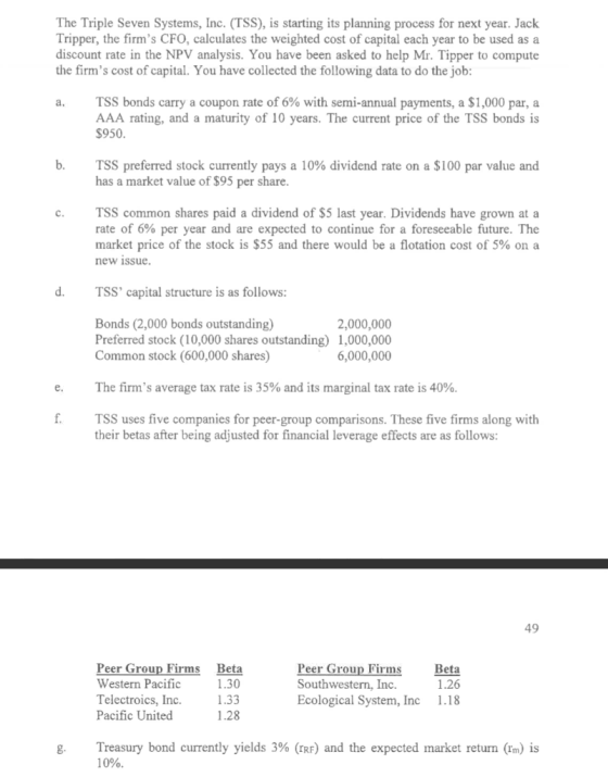 The Triple Seven Systems, Inc. (TSS), is starting its planning process for next year. Jack Tripper, the firms CFO, calculate