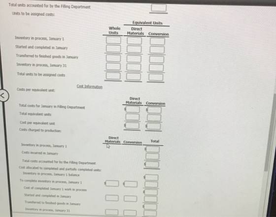Total units accounted for by the Filling Department Units to be assigned costs: Whole Units Equivalent Units Direct Materials