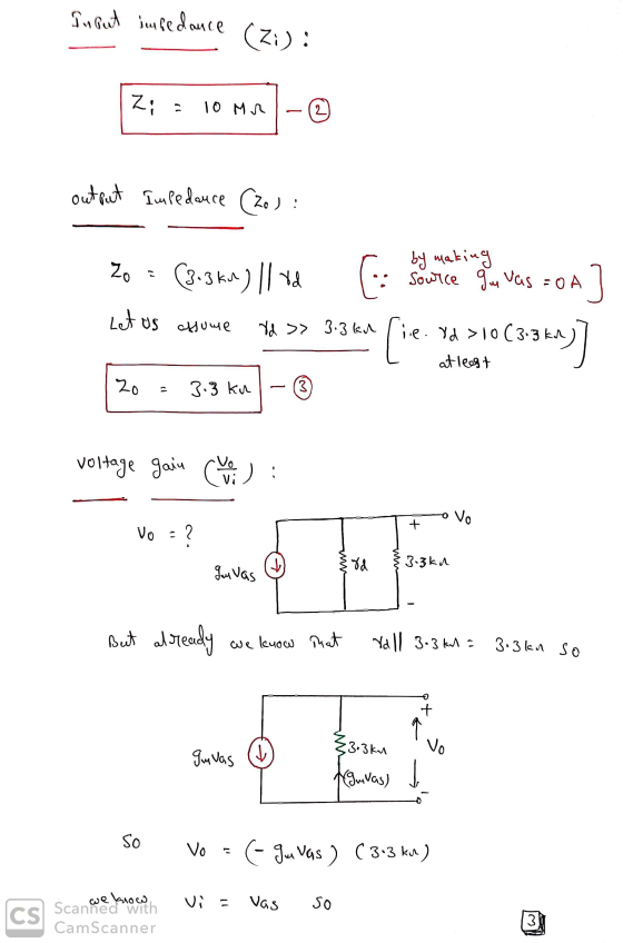 Input impedance (Zi): Z; 10 мл 2 output Impedance (20) : Zo by making (3.3 km) || vd Source que vas =O A Vd >> 3.3 ki fie. Od