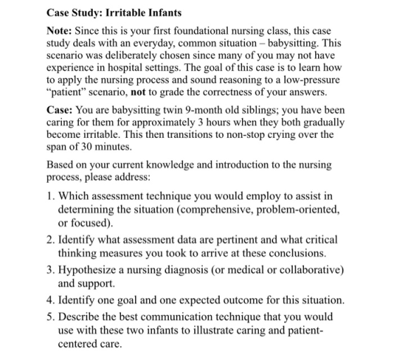 Case Study: Irritable Infants Note: Since this is your first foundational nursing class, this case study deals with an everyd