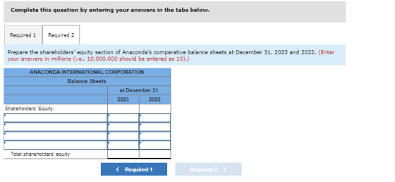 Complete this question by entering your answers in the tabs below. Required 1 Required 2 Prepare the shareholders equity sec