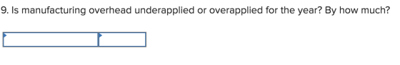 9. Is manufacturing overhead underapplied or overapplied for the year? By how much?