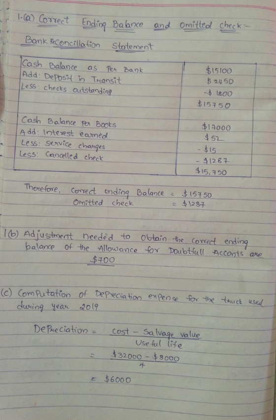 I-@) Correct Ending Balance and Omitted check- Bank Reconcillation statement Cash Balance as Per Bank Add: Deposit in Transit