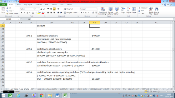 Home nert Page Layout Formulas Data Review View dd-Ins as Cut aCopy E AutoSum Wrap Text в 1 프 . Ej-., Δ. : rーー 逻锂函Merge & Center. $, % , 弼,8 Conditional Format eCell Insert Delete Format Paste Sort &Find & 2 ClearFe Select Edting Format Painter Formatting, as Table w styles. ▼ ㆆ ▼ Clipboard CG120 CA Alignment Number Cells CB CD CE CF CG CH CI CJ CK CL 120 121 122 123 124 125 126 127 128 129 130 131 132 133 134 135 136 137 138 4 OCF CASH FLOW STATW SCHISMM ANS 1 cashflow to creditors interest paid -net new borrowings 101000 (1720000-1470000) 149000 ANS 2 cashflow to stockholders dividends paid - net new equity 159000 -(1640003090000-154000-2790000) 151000 ANS 3 cash flow from assets cash flow to creditors +cashflow to stockholders Cash flow from assets =-149000 + (-151000)- 300000 ANS 4cashflow from assets operating cash flow (OCF) changes in working capital net capital spending [-300000- OCF (-139000) 1100000] OCF-300000-139000 1100000 661000 ARM, MSI confidence!NDEX / CURRENCY LOAN CROSS OVER HEDGING MONEY MARKET GM HPR AM TAX GROWTH SUST PREF AND DIV POLICY T 1 ENG 25-01-2019