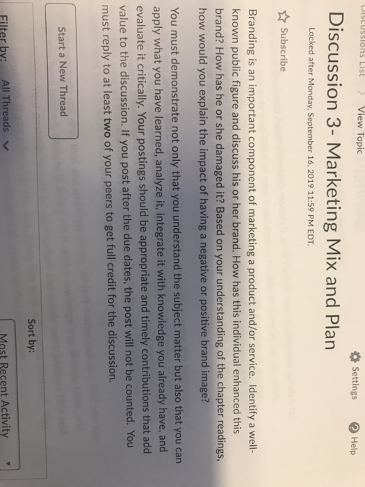 Distssliist View Topic Settings Help Discussion 3- Marketing Mix and Plan Locked after Monday, September 16, 2019 11:59 PM ED