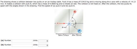 The drawing shows a collision between two pucks on an air-hockey table. Puck A has m/s. It makes a collision with puck B, whi