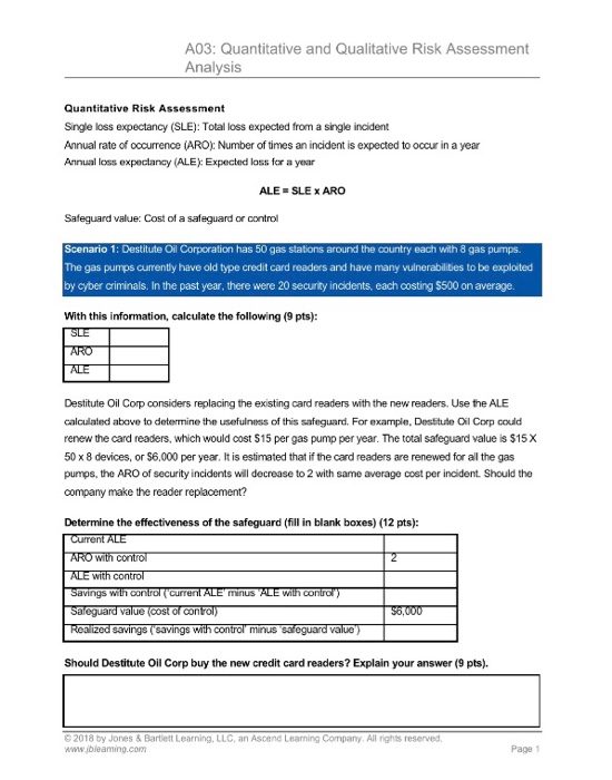 A03: Quantitative and Qualitative Risk Assessment Analysis Quantitative Risk Assessment Single loss expectancy (SLE): Total l