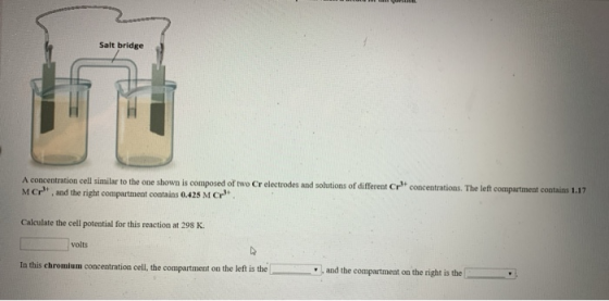 Salt bridge A concentration cell similar to the one shown is composed of two Cr electrodes and solutions of different cr conc