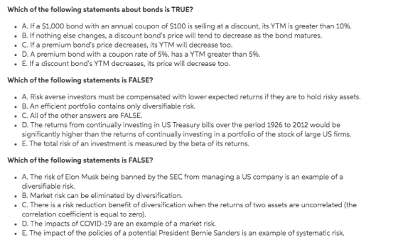 Which of the following statements about bonds is TRUE? . A. If a $1,000 bond with an annual coupon of $100 is selling at a di