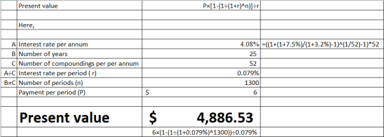 Present value Px[1-(1=(1+r)^n)]=r Here, A Interest rate per annum B Number of years c Number of compoundings per per annum A: