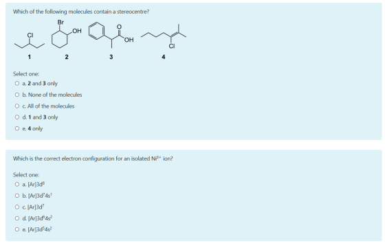 Which of the following molecules contain a stereocentre? Br e go alonna 1 2 3 Select one: O a. 2 and 3 only O b. None of the