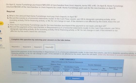 On April 6, Home Furnishings purchased $45,000 of merchandise from Unas Imports, terms 1/10, 1/45. On April 8, Home Furnishi