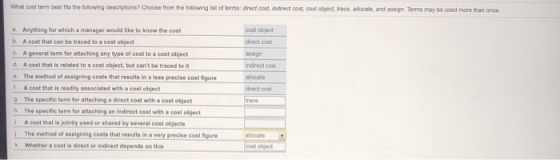 What cost ter best fits the following descriptions? Choose from the folowing list of terms: direct cost, indirect cost cost o
