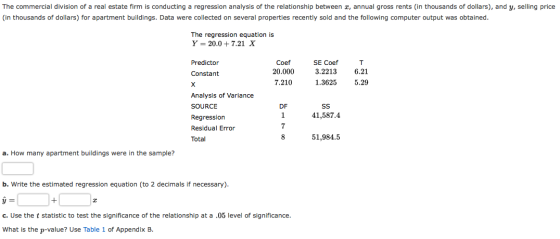 The commercial division of a real estate firm is conducting a regression analysis of the relationship between x, annual gross