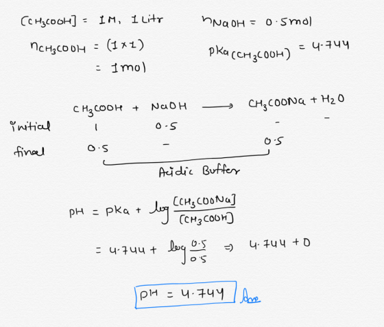 nNaOH = 0.5 mol (CH₂cool] =IM, I litr NCH₃Cool = (1x1) = Imol Pra (CH2COOH) = 4.744 - CHz Coona + H2O CH2 coole + NaOH os ini