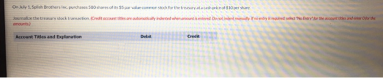 On July 1. Splish Brothers Inc, purchases 580 shares of its 55 par value common stock for the treasury at a cash price of $10