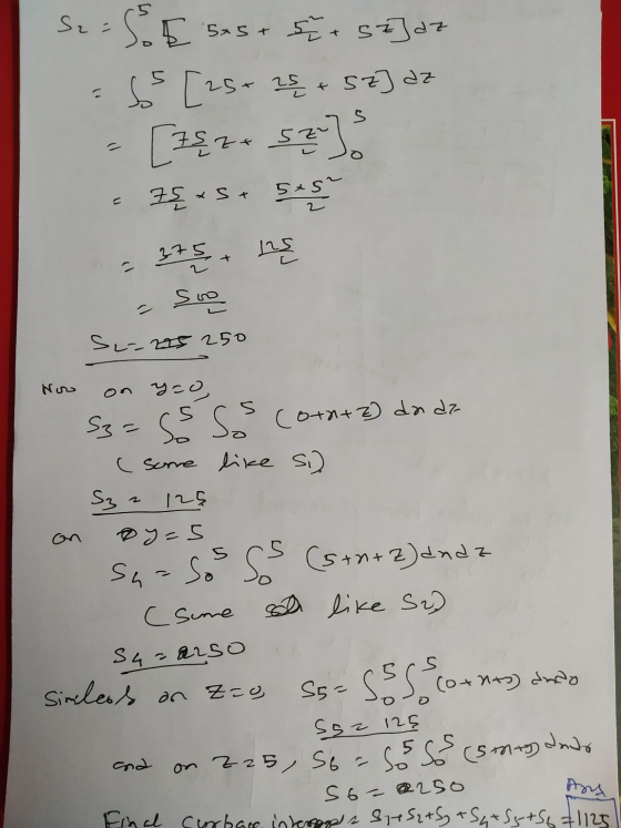 S2 = 50E 5x5 + & + sz] az ss [25+ 25 + 5z] az [zsze se] 5 74 x S+ 5x5 2 = 375 + 125 - Soo S2=225 250 Now on yoo Sz=55sos cora