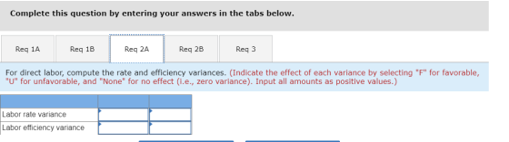 Complete this question by entering your answers in the tabs below. Req 1B Req 2B Req 1A Req 2A Req 3 For direct labor, comput