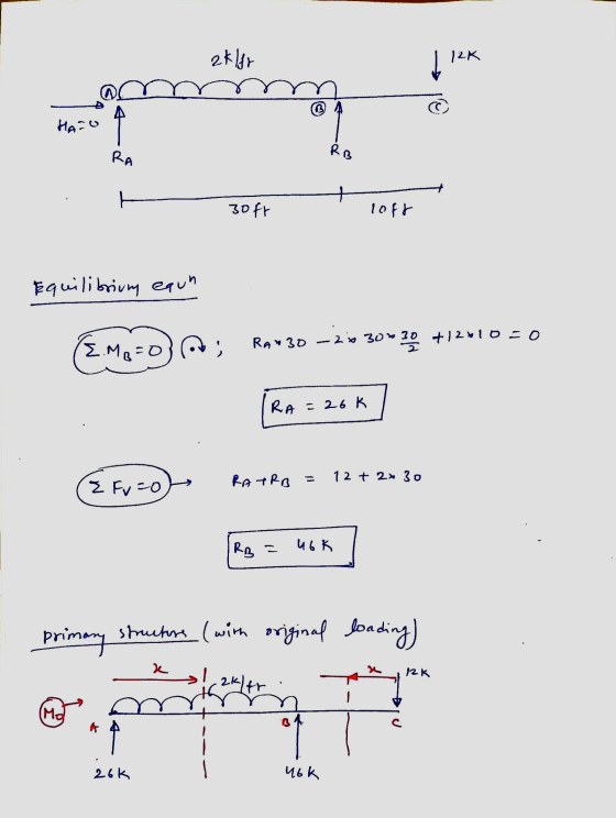 aklar 12K @ HA=0 RB 3oft loft Equilibrium egun RA~30 -2 30% E.Mg=0); 5*39 +12610=0 RA = 26K 12+ 2x 30 RATRB = Z Fu=0 RB = 46k