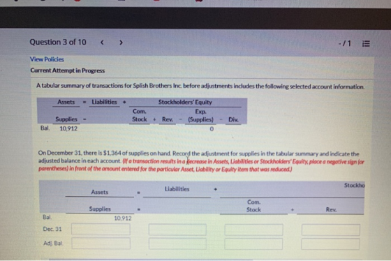 Question 3 of 10 -/1 E View Policies Current Attempt in Progress A tabular summary of transactions for Splish Brothers Inc. b