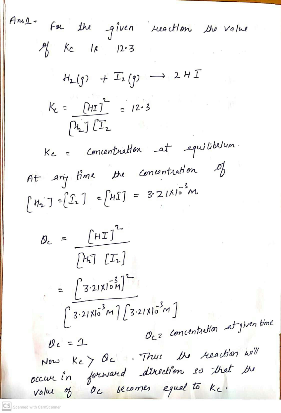 Ana- for the given reaction the value of Kc TA 12.3 → 2 H I 3 12.3 H2(g) + I2193 Ke = [HI] [₂] [I2 concentration at equilibri