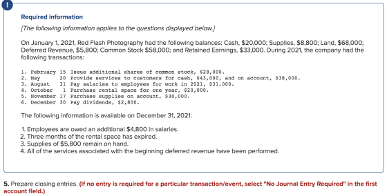 Required information [The following information applies to the questions displayed below.] On January 1, 2021, Red Flash Phot