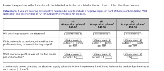 Answer the questions in the first column in the table below for the price listed at the top of each of the other three column