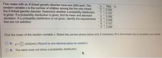 Five males with an X-linked genetic disorder have one child each. The random variable x is the number of children among the f