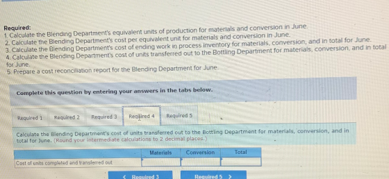 Required: 1. Calculate the Blending Departments equivalent units of production for materials and conversion in June. 2. Calc