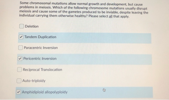 Some chromosomal mutations allow normal growth and development, but cause problems in meiosis. Which of the following chromos