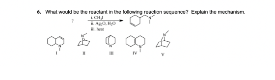 6. What would be the reactant in the following reaction sequence? Explain the mechanism. i. CH3l ii. Ag O, H2O iii. heat IV