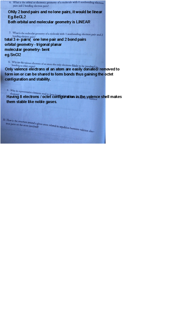 6. What is the orbital or electronic geometry of a molecule with 0 nonbonding electron pairs and 2 bonding electron pairs? On