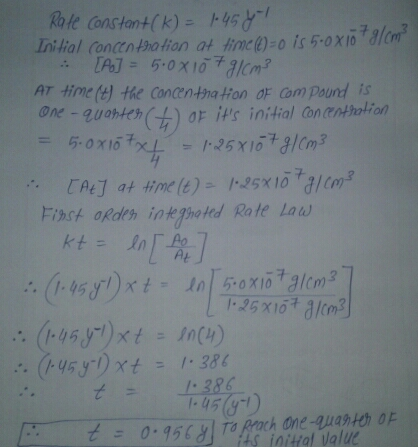 Rate constant (K) = 1.4541 Initial concentration at time ()=0 is 5-0xjö?a/cm? [A] = 5.08 107 g/cm3 AT time () the concentrati