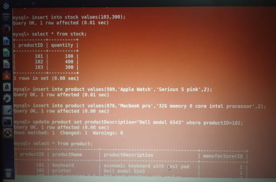 mysql> insert into stock values (103,300); Query OK, 1 row affected (0.01 sec) mysql> select * from stock; --- -- - - -- - -