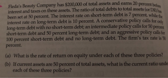 Fledas Beauty Company has $200,000 of total assets and earns 20 percent interest and taxes on these assets. The ratio of tot